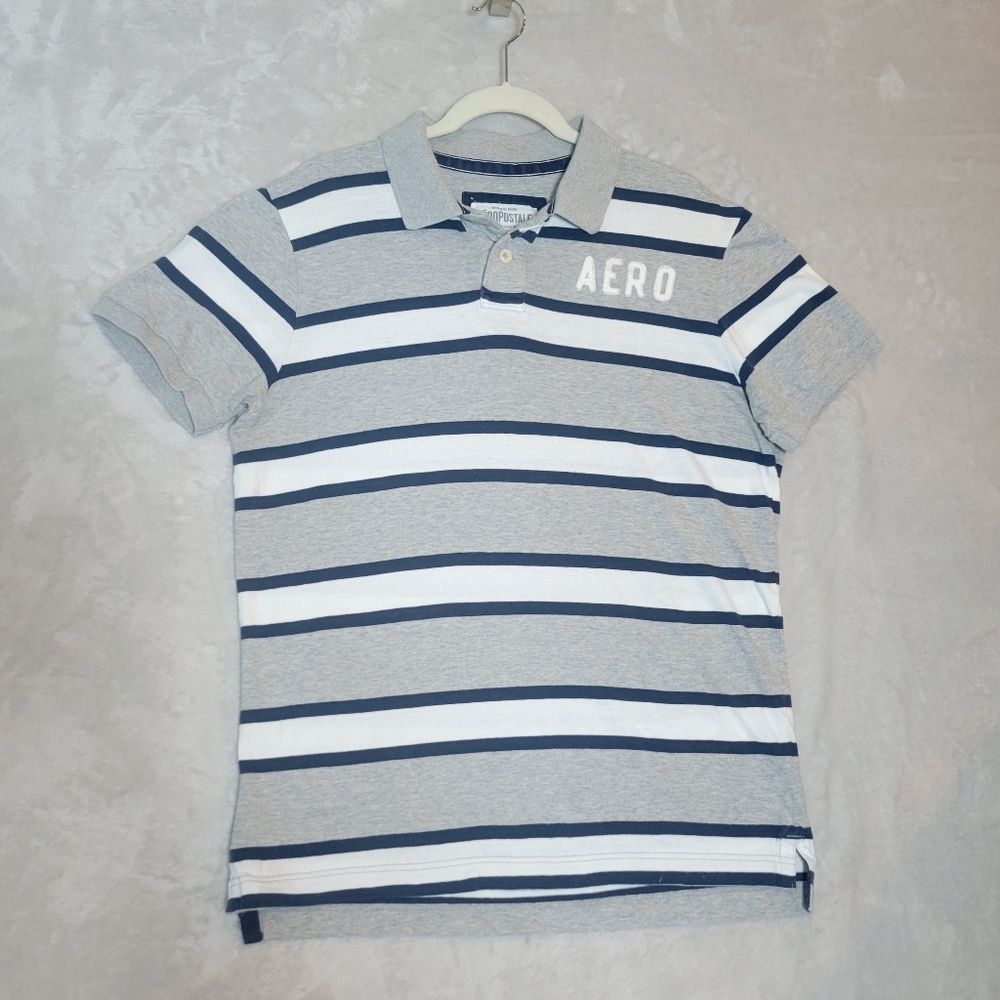 Vintage 90s Aeropostale Men's Striped Rugby Polo Large Short Sleeve Gray
